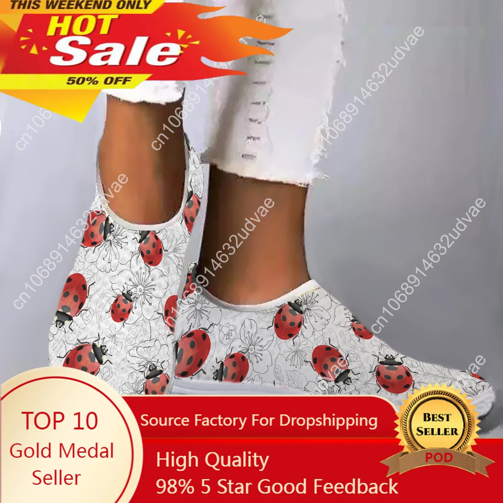 

White Lightweight Seven Star Ladybug Pattern Design Mesh Sneakers Comfort Slip On Shoes Soft Leisure Shoes Zapatos