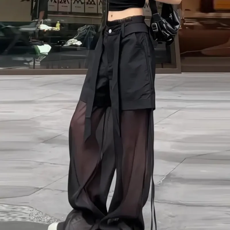 بنطال Y2K نسائي واسع الساق من القماش الشفاف باللون الأسود لعام 2025 - شورت مزيف مكون من قطعتين مع أشرطة، ملابس خروج منفعلة لربيع وصيف #4