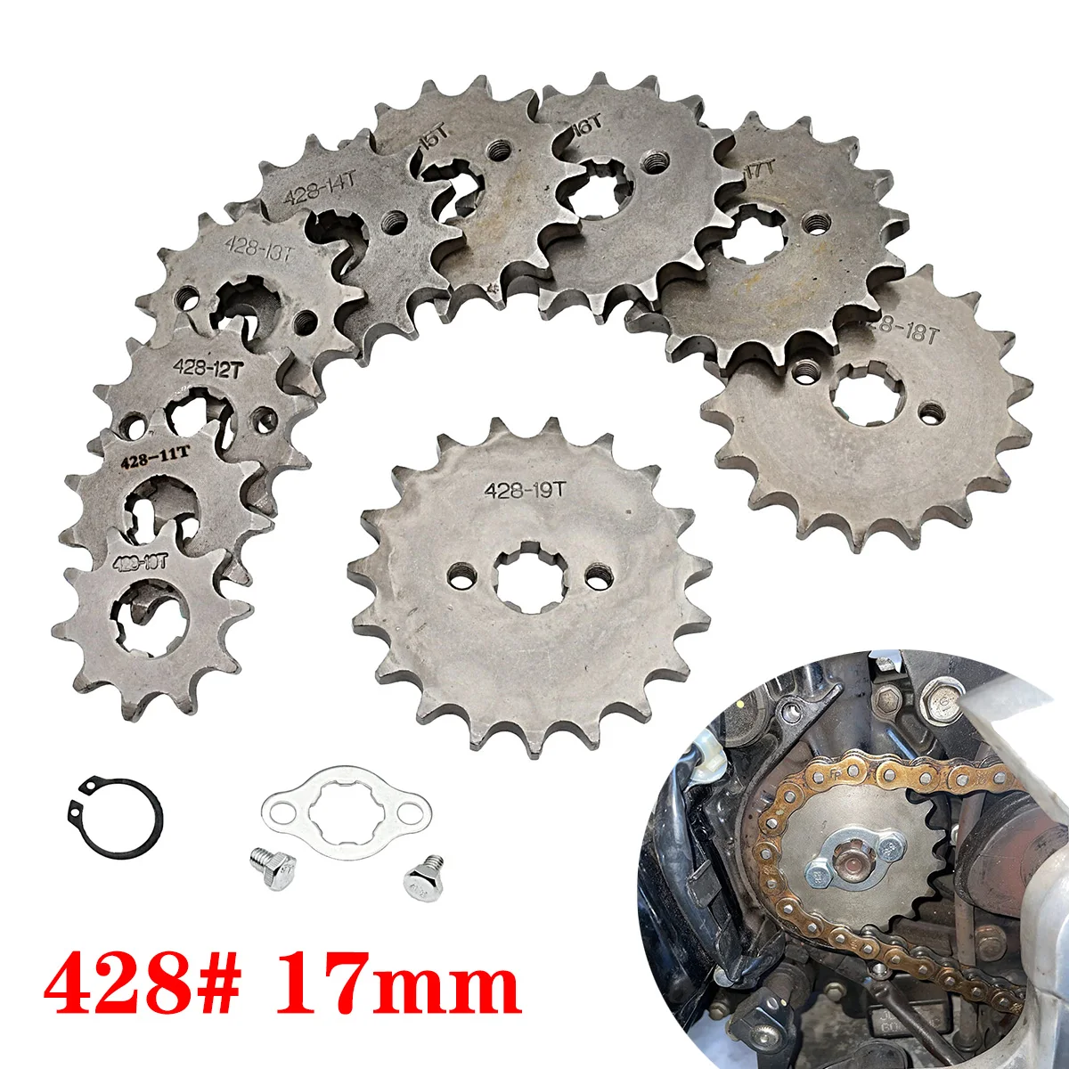 

428# 17mm Teeth Front Engine Sprocket 10 11 12 13 14 15 16 17 18 19T For Motorcycle Dirt Pit Bike ATV Quad Go Kart Buggy Scooter