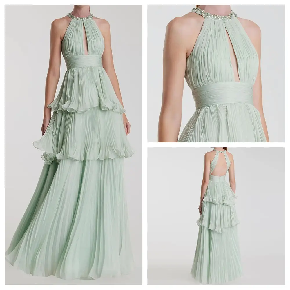 Customized A-line Evening Dresses Floor-length O-neck Sleeveless Prom Gown Fashion Crystal Simple Draped Backless Party Gown