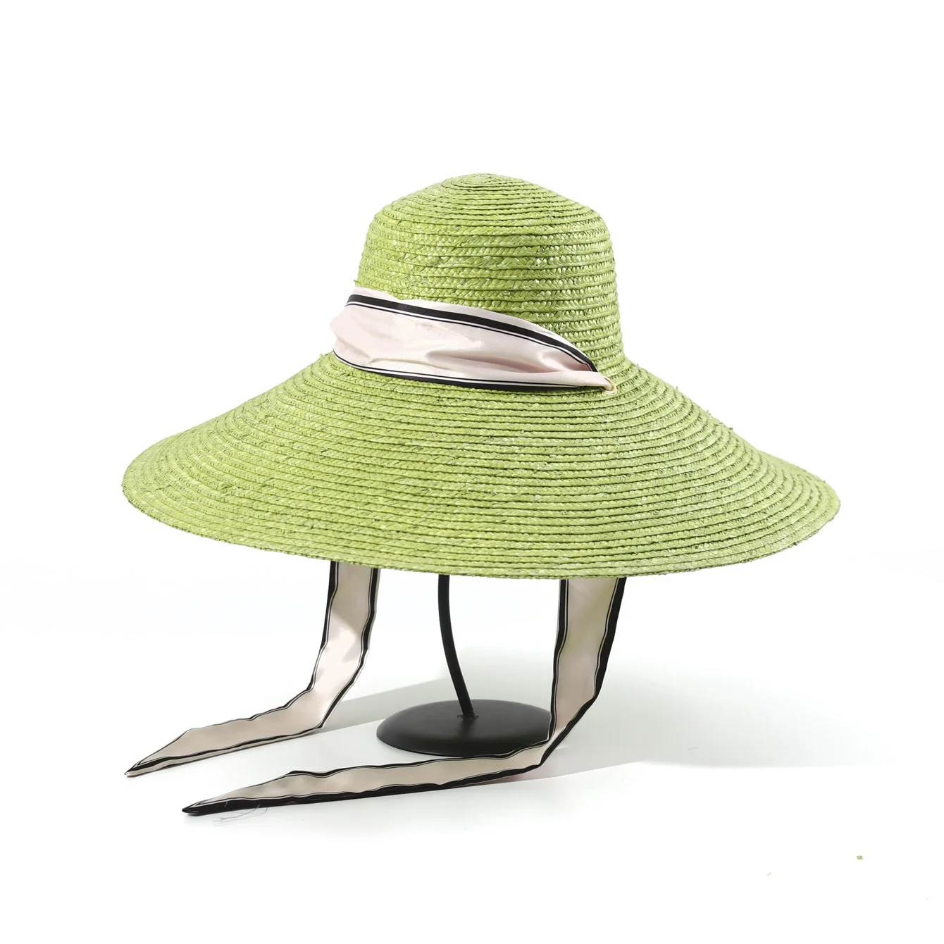 Light Green Extra Wide Brim Beach Hat with Ribbon, Light Luxury Vacation Sun Protection Cap