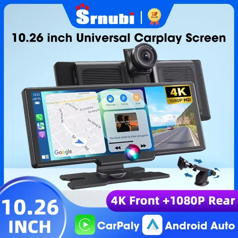 Srnubi 10.26 "4K DVR Wireless CarPlay e Android Auto Dash Cam navigazione GPS 24h Park Monitor visione notturna specchietto retrovisore