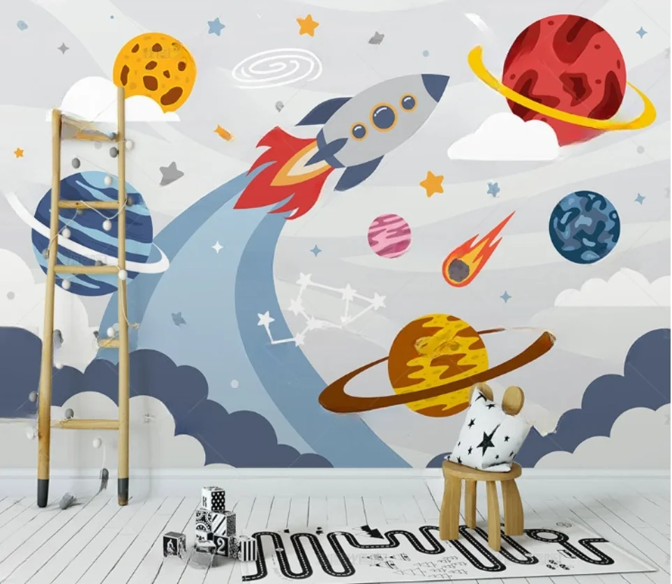 

Обои на заказ, космический синий, ручная роспись, космическое пространство, ракета, мультфильм, Вселенная, планета, детская комната, фон, стены, 3d обои