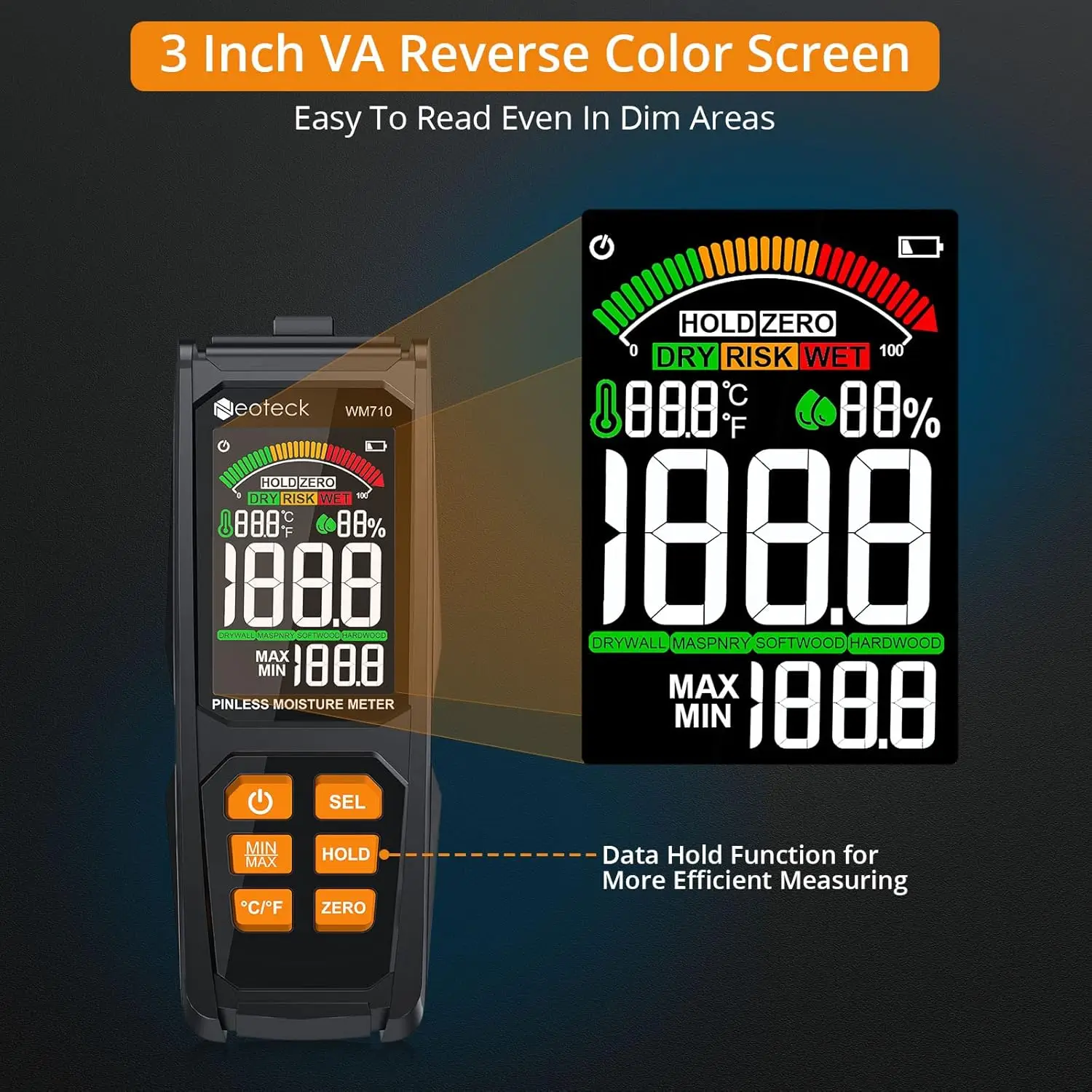 مقياس الرطوبة Neoteck Pinless: دقة ±4%، عمق 20 مم، شاشة VA، شاشة عرض صوتية ورئية للخشب والجدران والخرسانة والجص.