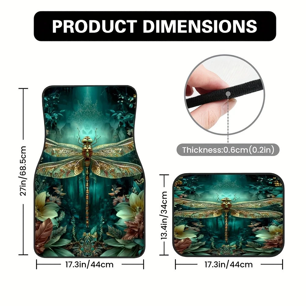 4pcs Dragonfly Art Nouveau Forest Scene SUV Floor Mats | Green & Golden Dragonfly Design, Durable Polyester, Fit For All Vehicle