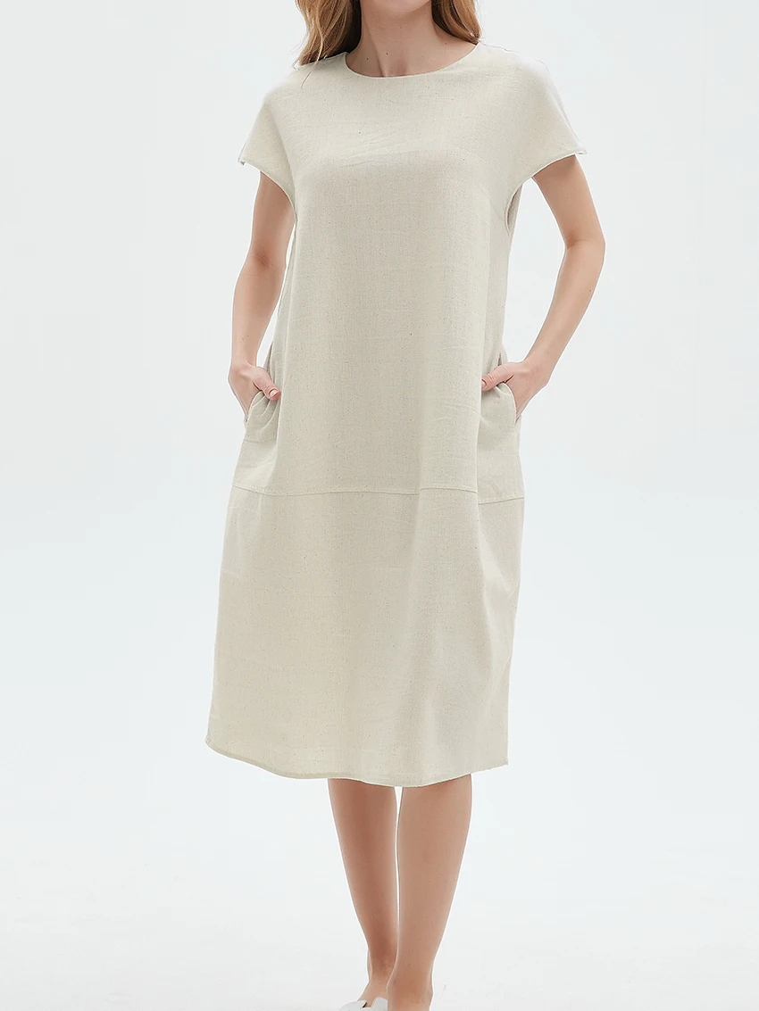 

Parc Fee Summer Loose Khaki Linen Women's Dress 2025 Casual O-Neck Short Sleeve Midi Dresses Elegant Classic Solid Female Dress