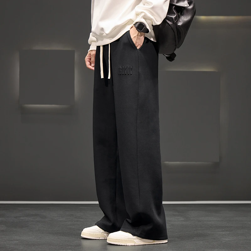 Pantalones deportivos de punto para hombre, pantalón informal de pierna ancha con estampado de sellos de acero, liso, ligero, de tela de algodón,