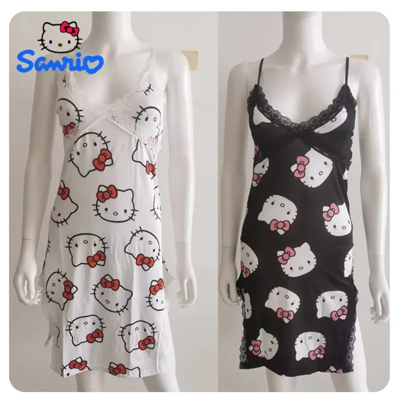 2024 New Sanrio Hello Kitty Ladies Pajamas Slip Dress Anime Sanrio Cartoon Cute Sweet Cotton Pajamas Thin Home Wear Sexy Strap