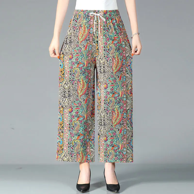 Folk Printed Vintage Casual Pants Female Clothing High Waist Elastic Fashion Drawstring 2024 Summer Thin Wide Leg Cropped Pants