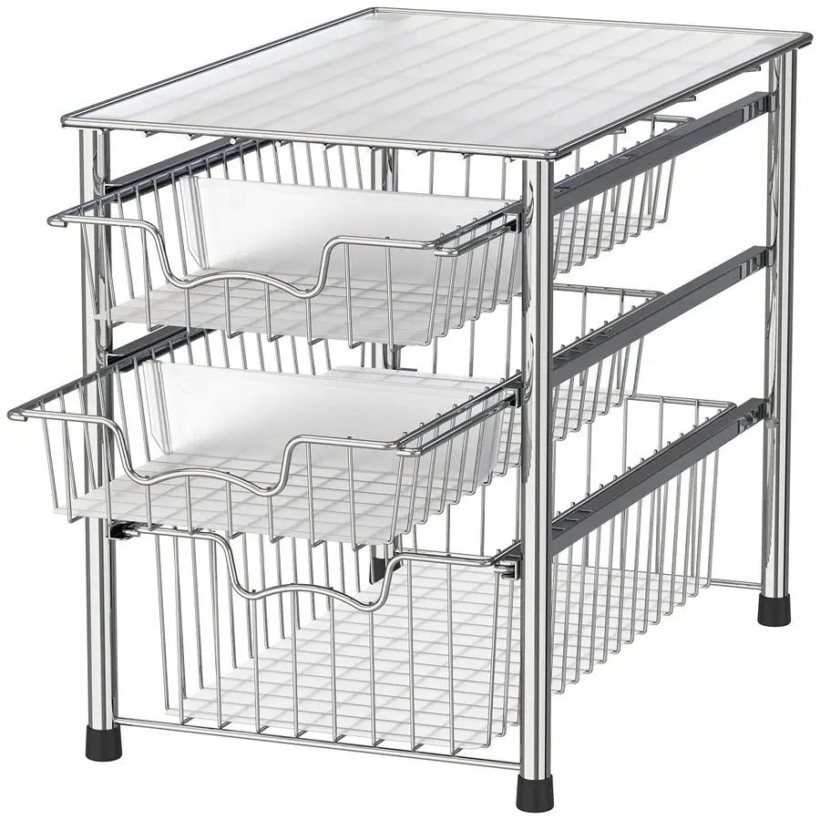 

Stackable 3 Tier Sliding Basket Organizer Drawer, Chrome