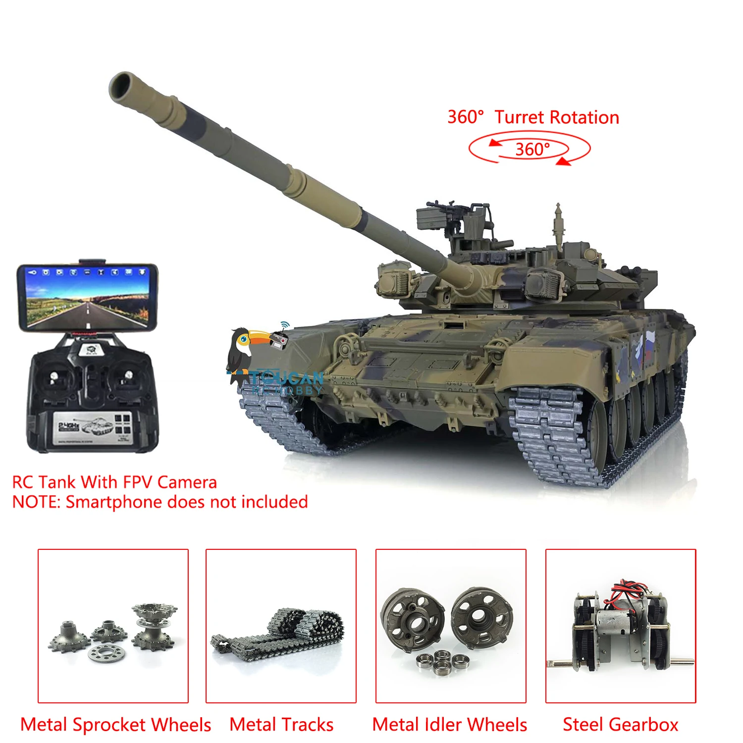 Upgraded HENG LONG 1/16 7.0 Metal Russia T90 RTR Radio Control RC Tank 3938 FPV 360° Turret RC Panzer Vehicle Model TH17852