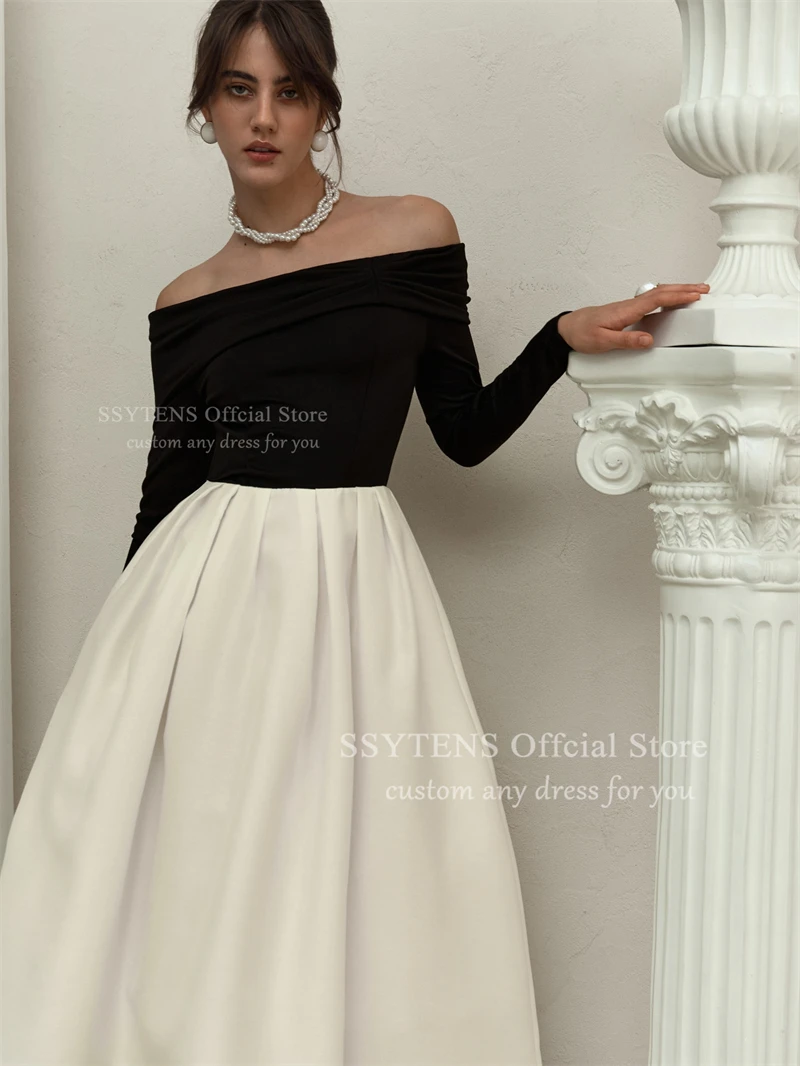 SSYTENS 현대 블랙/화이트 라인 이브닝 드레스 긴 소매 파티 드레스 특별 행사 차 길이 댄스 파티 드레스 맞춤형