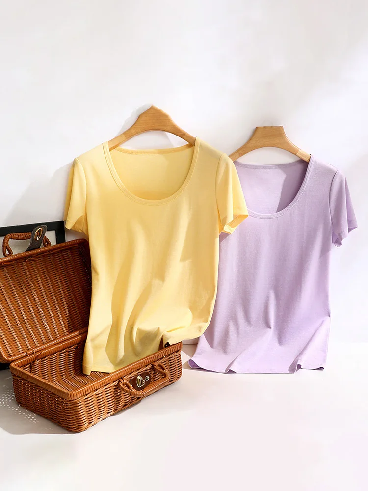 SuyaDream 2022 kobieta letnia koszulka jedwabiu octan mieszanka U szyi szczupła zwężone stałe przytulne T Shirt cukierkowe kolory góry — zdjęcie 7