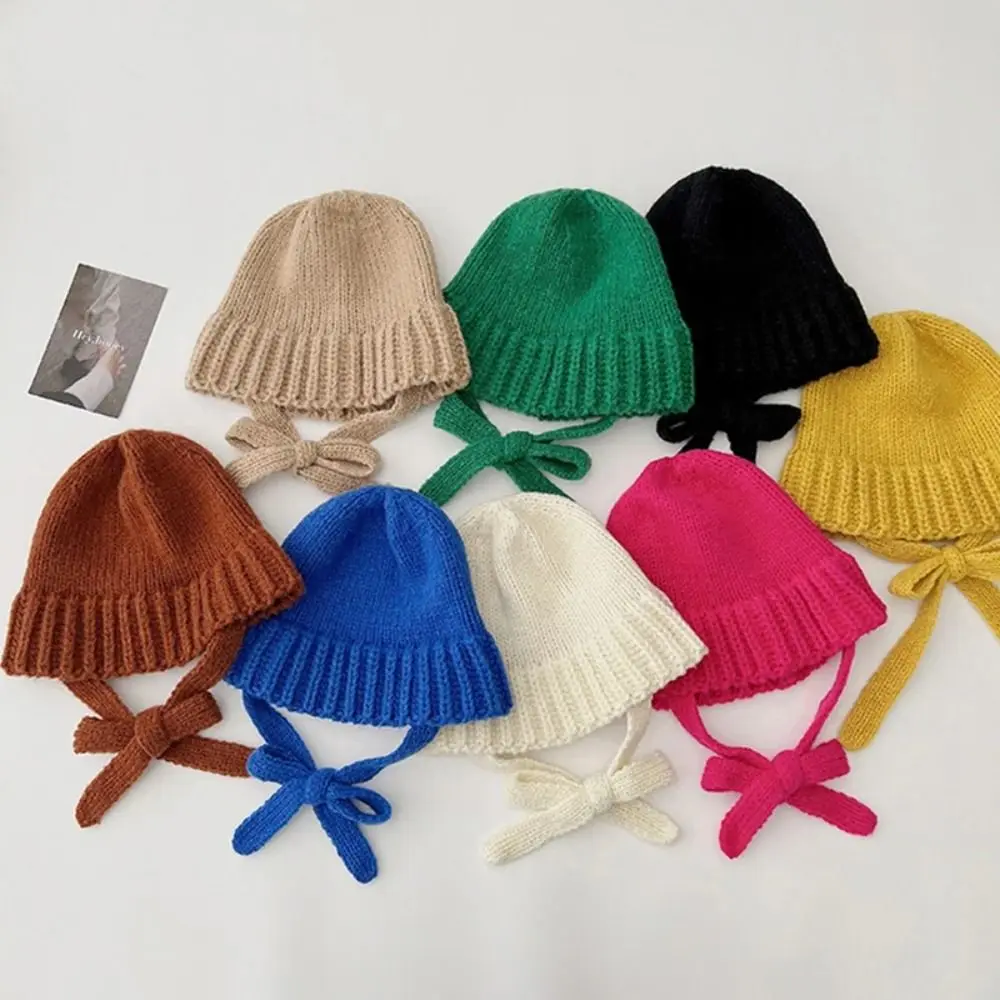 Casual Bowknot Strap Knitted Hat Warm Cap Korean Crochet Basin Cap Jennie Style Solid Color Knit Beanie Girls