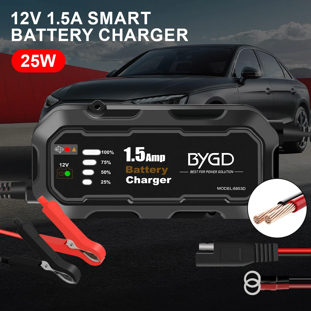 

Automatic Battery Trickle Charger with LED for Car/RV/ATV/Boat Automatic Smart Motorcycle Battery Charger Maintainer 12V 1500mA