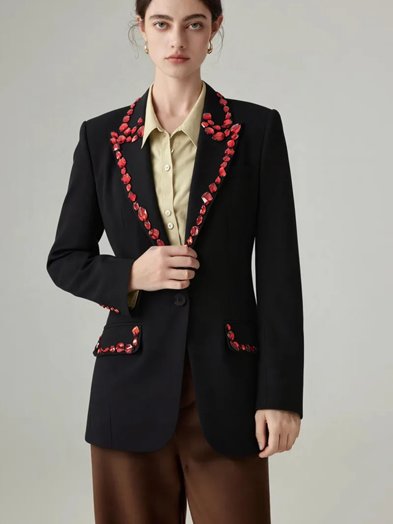 

Fashion Red Nail Bead Blazer Women's Lapel Loose Single Button Long Sleeves Suit Jacket Spring Autumn New 7875G