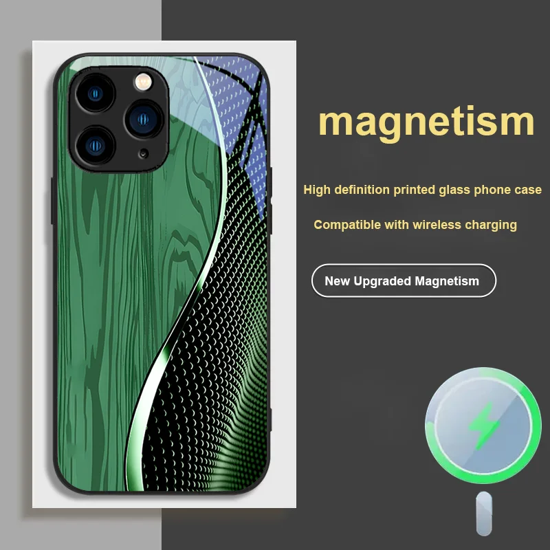 Магнитный стеклянный чехол для iPhone 14 Pro, 15, 12, XS MAX, 8, 11, X, XR, 13 Mini, Plus, 16, с изогнутой текстурой под дерево, черный, бизнес-серия