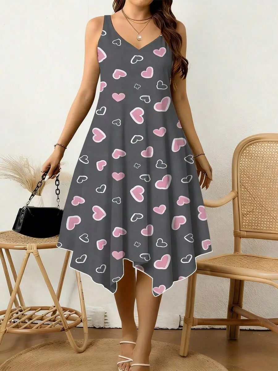 

Heart Print Grey Women V Neck Sleeveless Dress Irregular Hem Breathable Casual Vacation Beach Wear