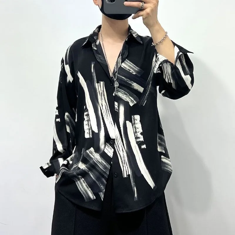 Summer Thin Original Personality Irregular Print Loose Free Ironing Handsome Shirt Men's Fashion Trend Hanging Silky Drape Shirt