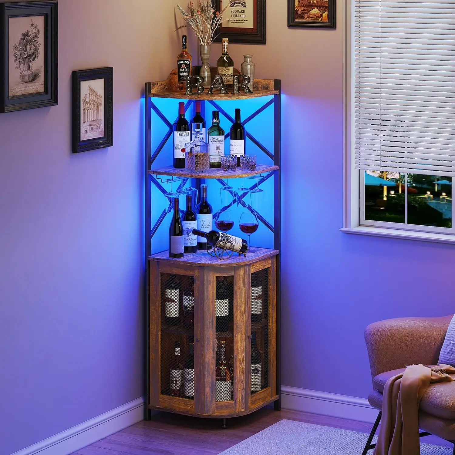 JKsmart-Armoire de bar d'angle avec lumières LED, cave à vin industrielle à 5 niveaux avec porte-verre, armoire industrielle française ou armoire