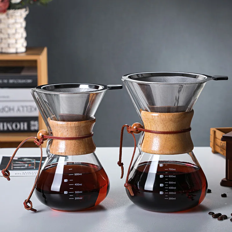 

Hand Drip Coffee Pot with Bamboo Wood Handle Heat Resistant Glass Coffee Maker Stainless Steel Filter