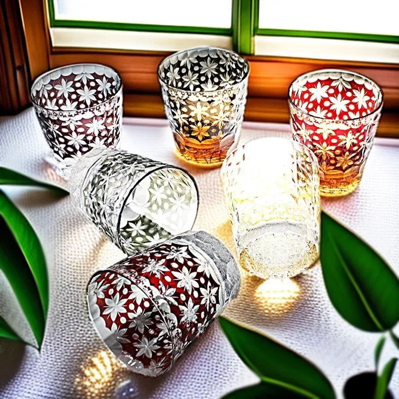 Sakura Snow Personality Wine Glass Handmade Whiskey Cup, Wedding Birthday Gift Cup, Black Edo Cut Cup