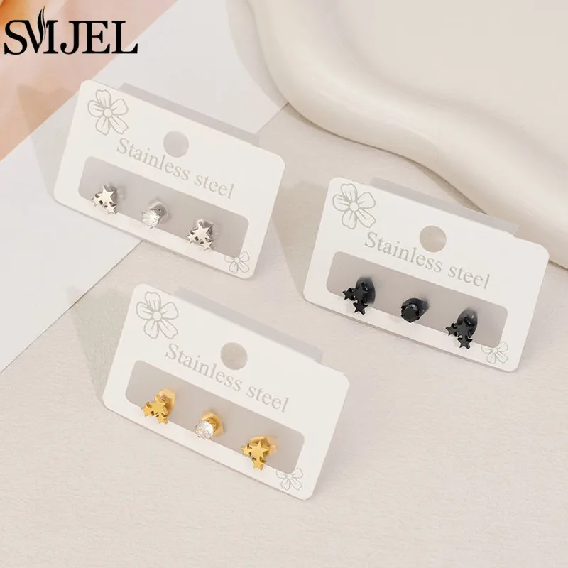 3Pcs Bijoux 2025 Tiny 3 Star Earrings for Women Shiny Crystal Stainless Steel Ear Cartilage Stud Girls Party Valentine Day Gift