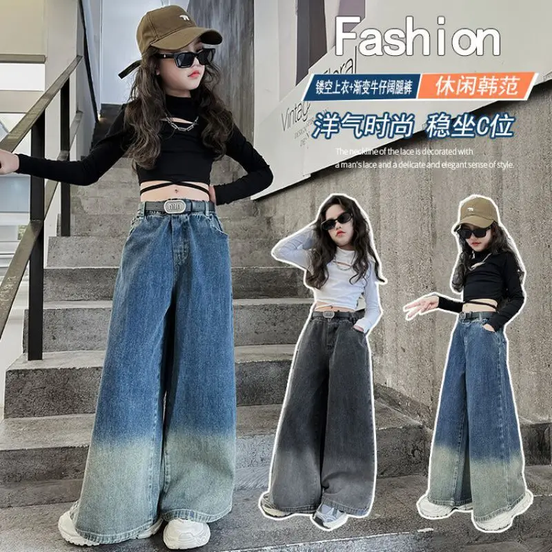 

Fashion Teenger Girls Jeans Spring Autumn Gradient Wide Leg Loose Baggy Soft Long Pants for Kids Girl Denim Trousers Outfits