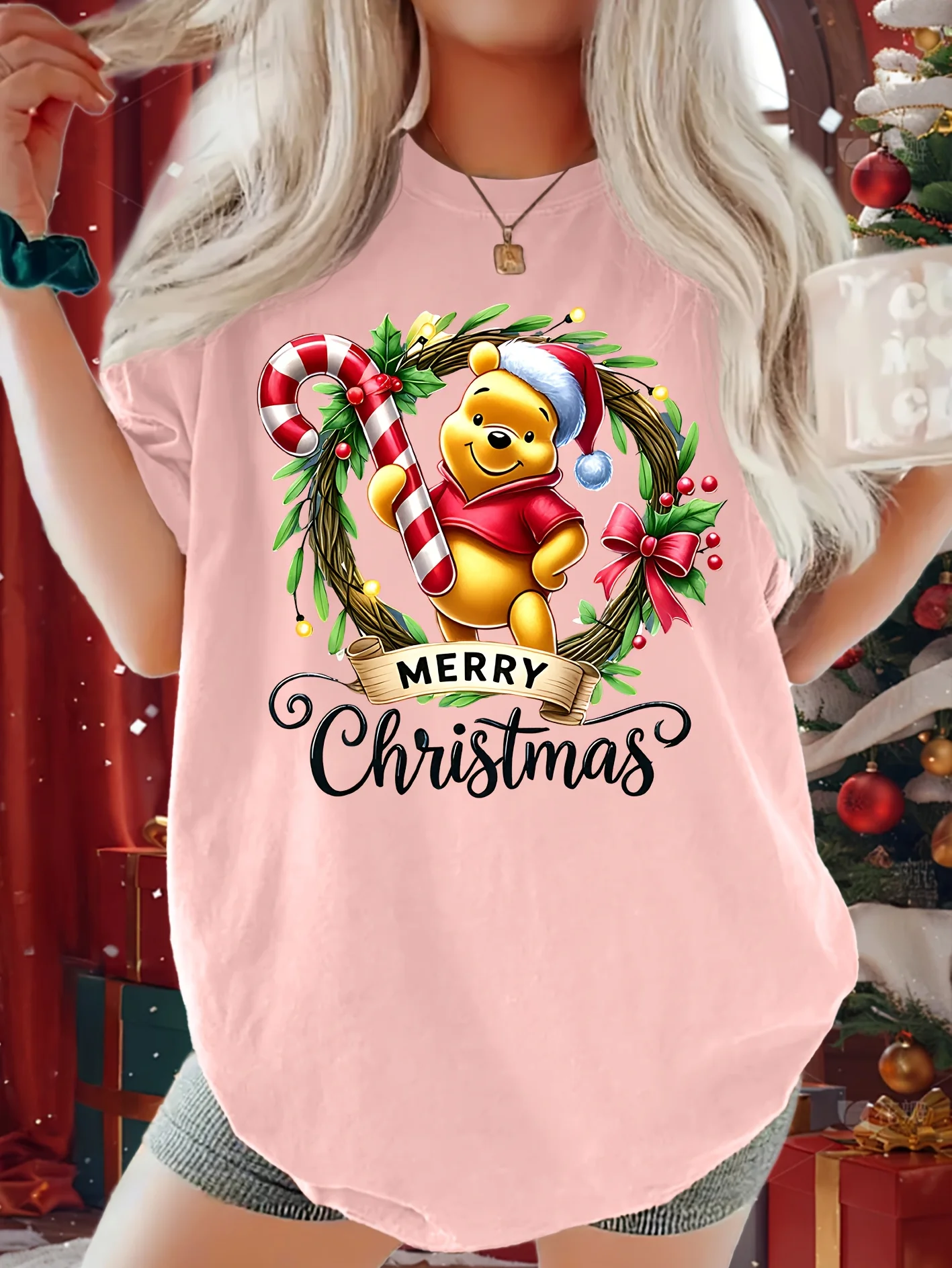 Disney Winnie The Pooh Christmas T-Shirt Cotton Men's Women  Casual Trendy  Oversized Loose Short Sleeve Unisex Event Outfit