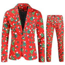 Red Christmas Tree Santa Claus Gift Print Suit Jacket 2 Piece Set Men's Party Evening Pant Sets One Button Blazer+Trouser Suits