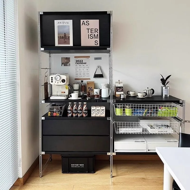 HYS black simple stainless steel kitchen rack floor-to-ceiling multi-layer storage rack living room bookshelf
