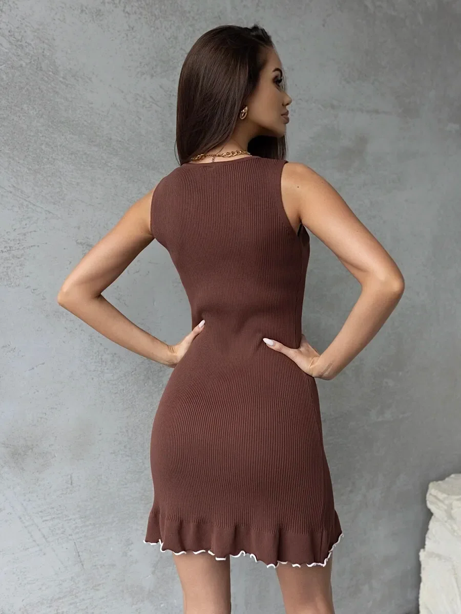 Mini robe côtelée décontractée pour femmes, sans manches, ajustée, Sexy, couleur unie, bord froissé, courte, printemps été