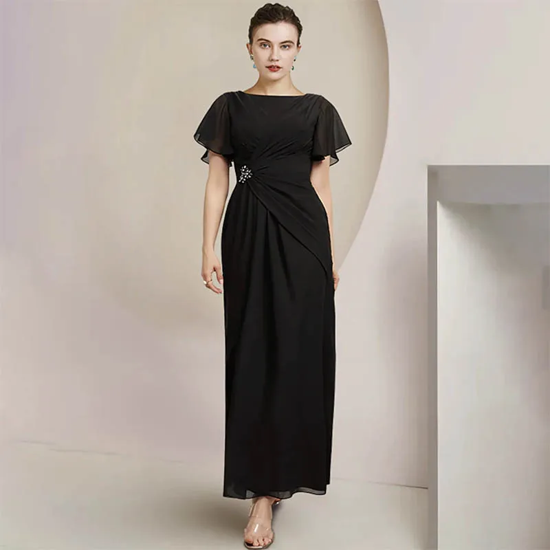 

Graceful Mother of the Bride Dress Scoop Neck Ankle Length Chiffon Crystal Brooch Side-Draped Formal Wedding Party Gown