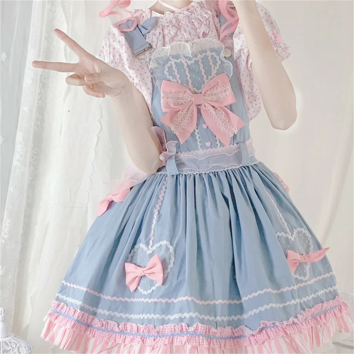 Japanischen Stil Kawaii Mädchen Cosplay Lolita Jsk Nette Anzug Top + kleid Süße Loli Polka Dot Puff Sleeve Top Spitze bogen Rüsche Kleid