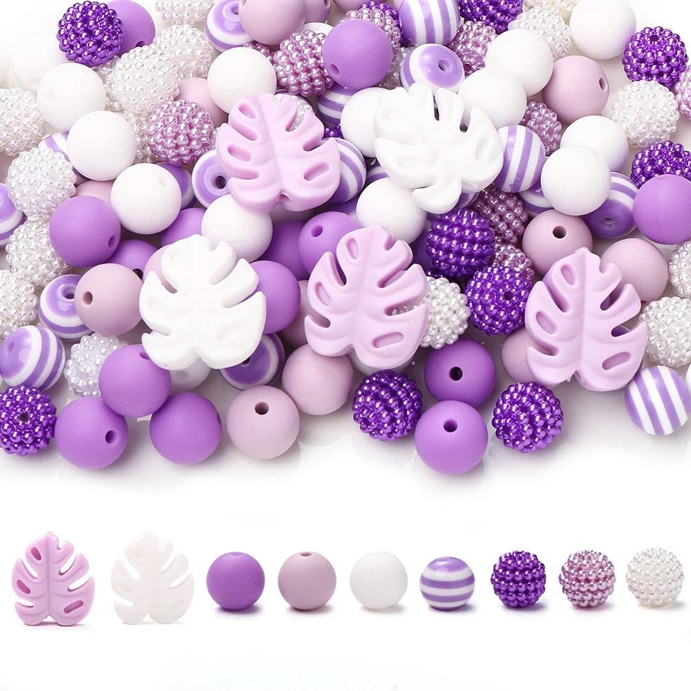 74Pcs 12mm Silicone Beads Round Chew Beads Set Turtle Back Leaf Beads Food Grade DIY Pacifier Chain Clips Jewelry Accessories