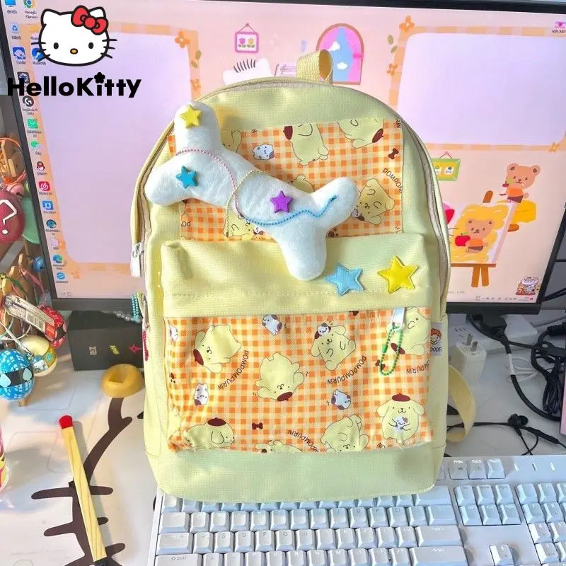 

Sanrio New Pompompurin Star Backpack Plush Bone Decoration Handbag Women Large Capacity Schoolbag Students Y2k Plaid ShoulderBag