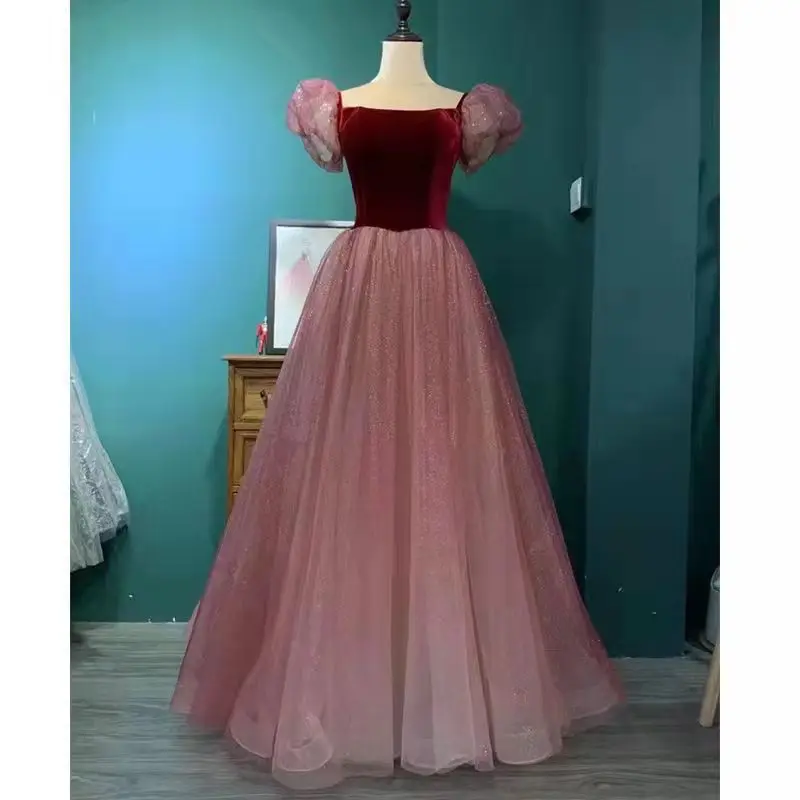 Vestido de noche de manga larga abullonada, vestido de banquete, temperamento, estilo francés, falda abombada, vestido de examen de arte vocal del bosque, nuevo, 2024