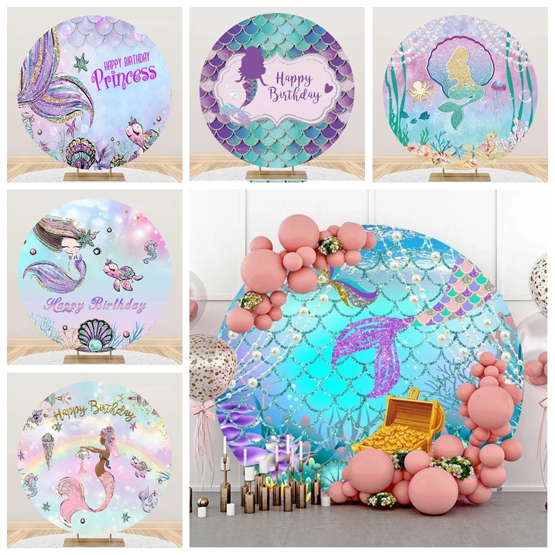 

Mermaid Birthday Party Round Backdrops With Elastic Princess Party Decor Photography Circle Background Photocall Photo Studio