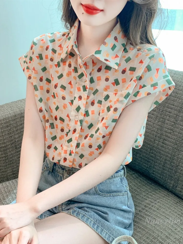 

Elegant Floral Chiffon Blouses Women's Short Sleeve Shirts 2024 Summer New Popular Design Sense Niche Top Street All-Match Tops