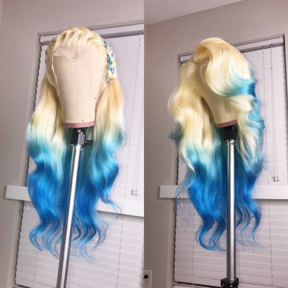 613 Blonde Ombre Blue 13x4 HD Body Wave Lace Front Wig Synthetic And Blend Perruque Pre Plucked Glueless Cosplay For Women