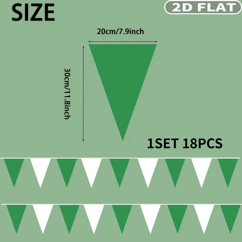 2D FLAT 18pcs Green and White Flag Party Decor, Triangular Flags, 20x30cm/7.9x11.8 Inch Colorful Garlands for Christmas