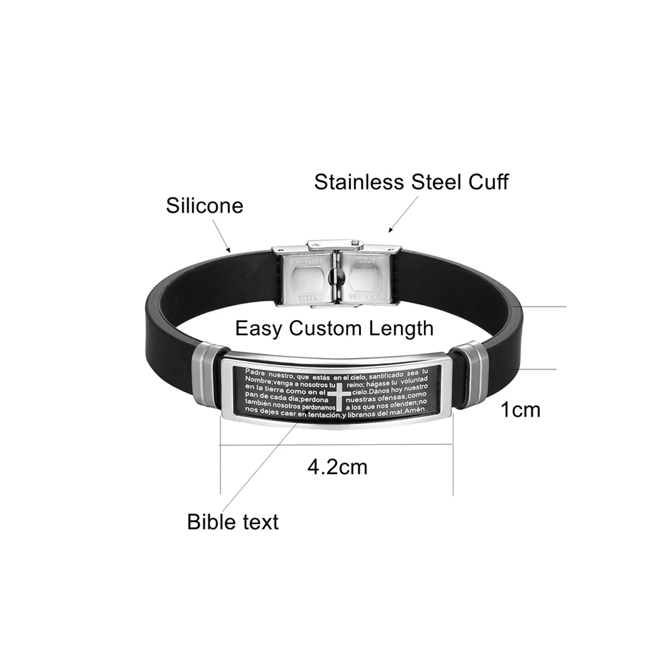 Christian Bible Prayer Text Cross Bracelets Stainless Steel Cuff Bangle Black Silicone Wristband Women Men Couple Jewelry Gifts