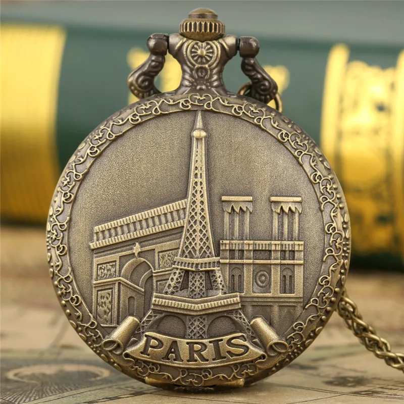 Classic Eiffel Tower Paris France Building Arabic Numeral Men Women Quartz Pocket Watch Necklace Pendant Chain Clock Souvenir