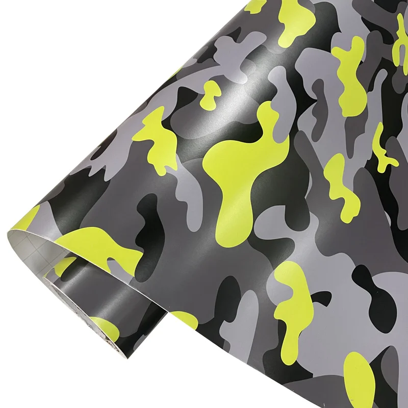 Vinilo Adhesivo Premium para Envoltura de Automóviles, Camuflaje en Negro, Gris y Amarillo, Película Decorativa para Autos