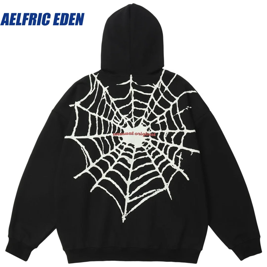 

Aelfric Eden Spider Web Graphic Print Zip Hoodie Sweatshirt Y2K Hip Hop Hooded Streetwear 2023 Harajuku Fashion Punk Loose Coats