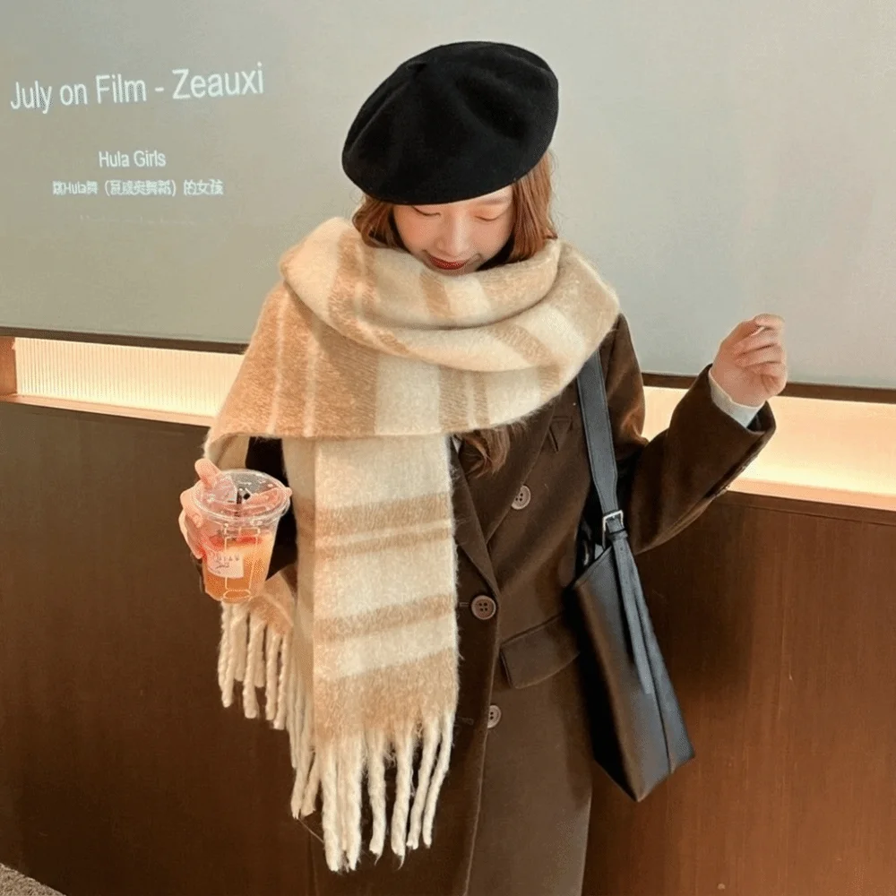 Classic Mohair Stripe Wool Scarf Tassel Thicken Long Shawl Warm Korean Style Neck Warmer Women/Men