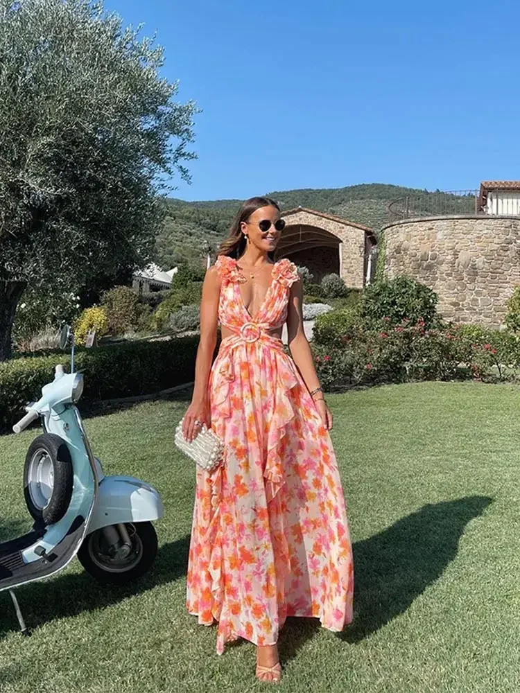 Sommer Frauen Blumen gedruckt rücken frei aushöhlen langes Kleid elegante V-Ausschnitt Falten kleider 2024 Dame Strand urlaub Vestidos