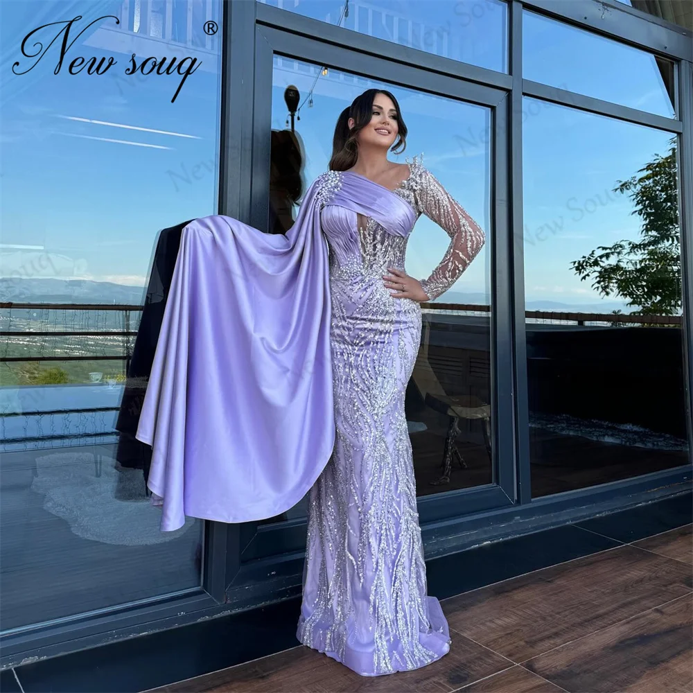 Robe de célébrité élégante avec perles violettes, manches cape, robe de soirée formelle, robes de Dubaï arabes, paillettes, fête d'anniversaire