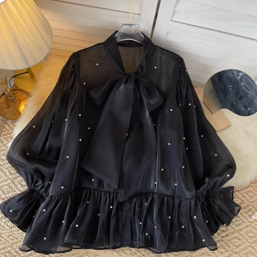 Chic Sweet Bow Flare Long Sleeve Blouse Slim Chiffon Elegant Korean Fashion Top Sexy Women Mesh Shirt