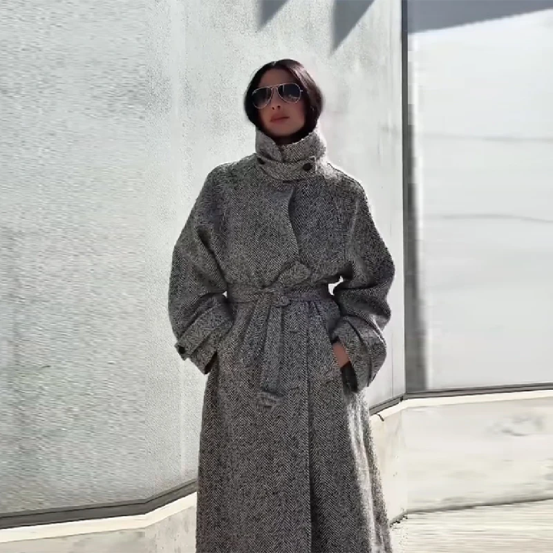 

Женское винтажное пальто с узором «елочка», модная длинная куртка с завязкой на талии и высоким воротом, осень-зима, изысканная толстая теплая шерстяная уличная одежда